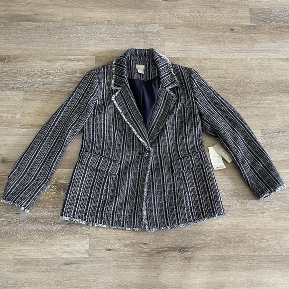 Chico's Striped Tweed Blazer Jacket 1P 8P US Navy Single Button Fringe - Picture 2 of 11